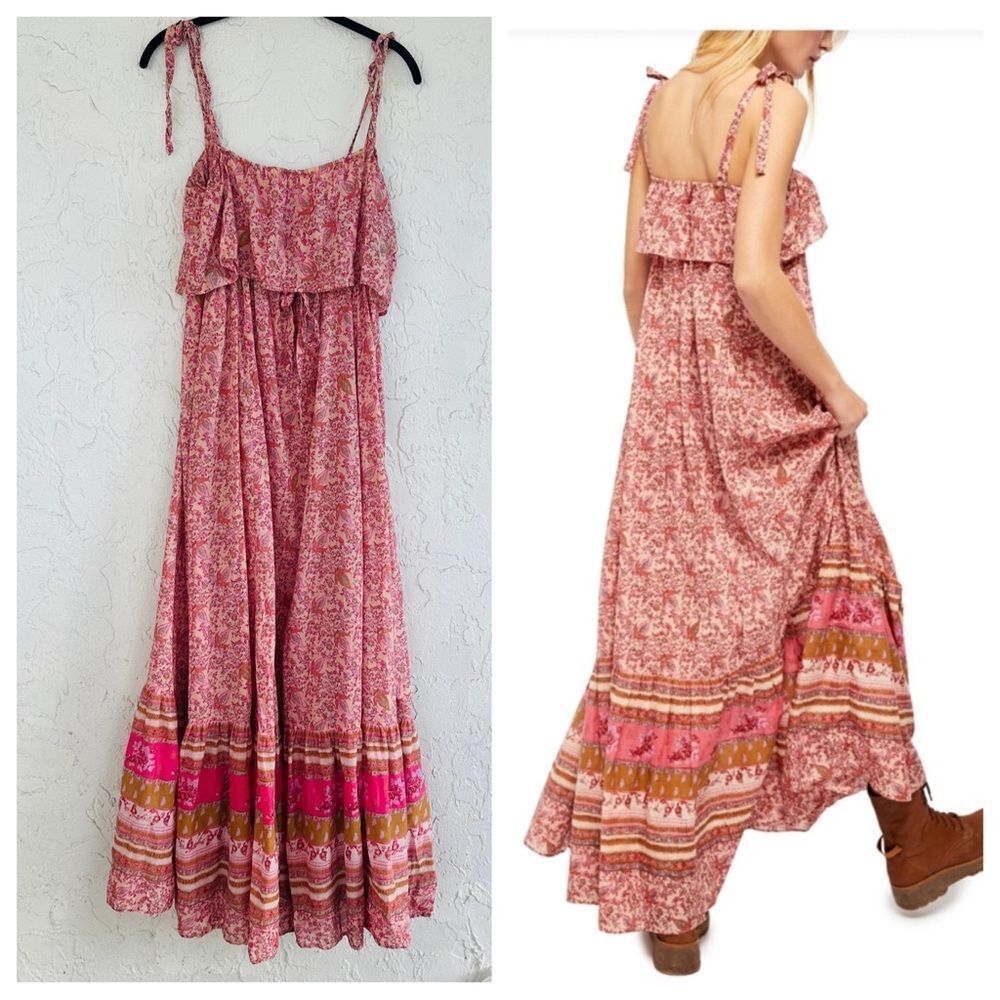 Free People Pink Floral Tie-Shoulder Maxi Dress